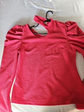 Hot Pink Puff Shoulder Cutout Long Sleeve Top